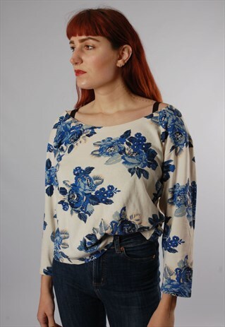 VINTAGE 90'S ROSE PRINT TOP WITH WIDE BOAT NECKLINE