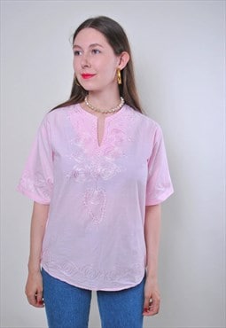 Vintage 90s embroidered blouse, pink flowers blouse sheer 