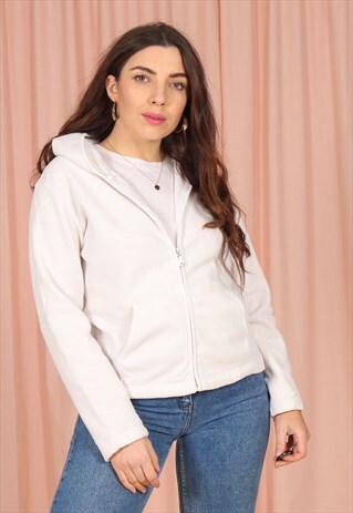 VINTAGE 90S FLEECE HOODED JACKET IN WHITE