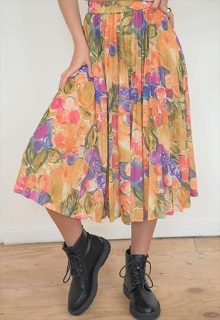 VINTAGE 70S SKIRT PLEATED IN ORANGE PINK FLOWER PATTERN