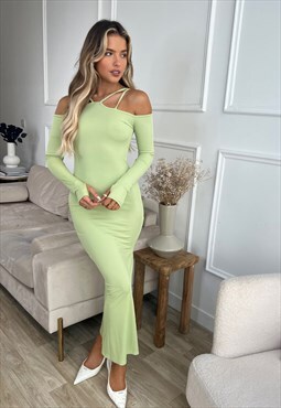 Azelle Collection Green Ribbed Strappy Midi Dress