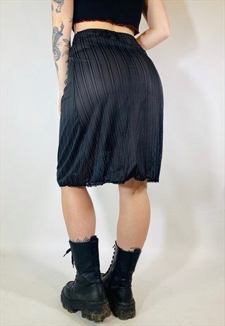 VINTAGE 90S Y2K SATIN SHEER STRIPE BLACK MIDI SLIP SKIRT