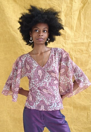 PURPLE FLORAL MESH FLARE WRAP TOP