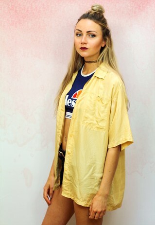 1980S VINTAGE OVERSIZED LEMON YELLOW PURE SILK SHIRT