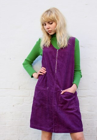 VINTAGE 90S PURPLE CORDUROY PINAFORE MINI DRESS