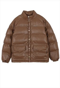 Faux leather quilted puffer jacket preppy bomber solid brown