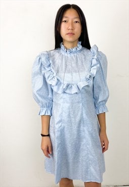Vintage 70s ruffle turquoise and puffy sleeved dress 