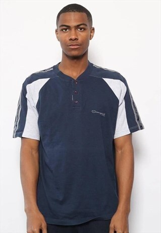 VINTAGE CHAMPION LOGO BUTTON UP T-SHIRT BLUE