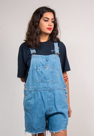 VINTAGE 90'S BLUE DENIM RAW HEM SHORTS DUNGAREES
