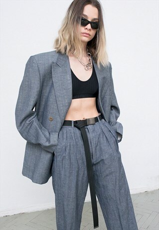VINTAGE SMOKEY BLUE SUIT PLAID WOOL OFFICE SET CLASSIC