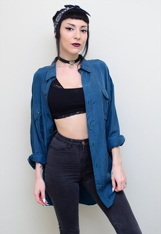 VINTAGE 90'S GENUINE SILK DEEP BLUE OVERSIZED SHIRT