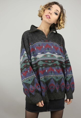 VINTAGE 80S 90S OVERSIZED 1/4 ZIP PATTERNED KNIT JUMPER
