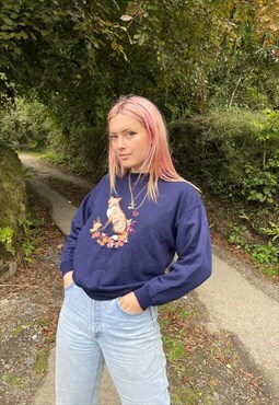 Vintage Cute Winter Fox Embroidered Navy Sweatshirt 