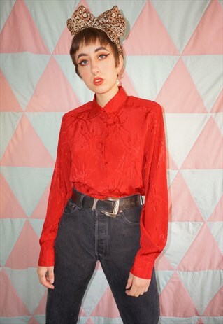 VINTAGE 90S RED FLORAL PATTERN SATIN SHIRT