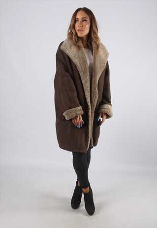 VINTAGE SHEEPSKIN SUEDE SHEARLING COAT UK 20 3XL (94W)