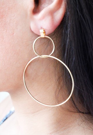 GOLD LARGE DOUBLE HOOP DANGLE DROP EARRINGS