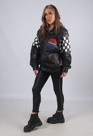 VINTAGE RACING LEATHER BOMBER JACKET OVERSIZED UK 14 L (4AE)