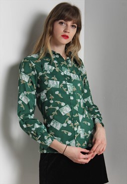 Vintage Flower Patterned Extreme Collar Shirt Green