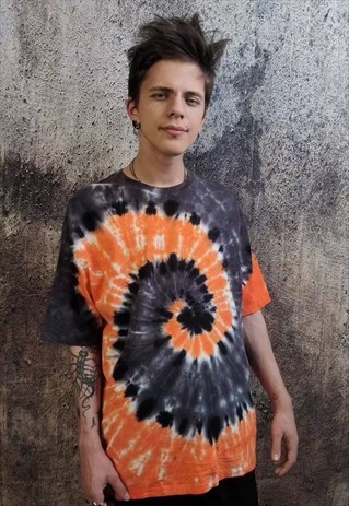 Tie-dye print tee Mandala t-shirt rainbow top in orange grey