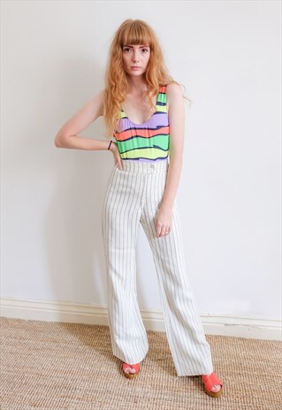 VINTAGE 70S WHITE HIGH WAISTED WIDE LEG TROUSERS FLARES