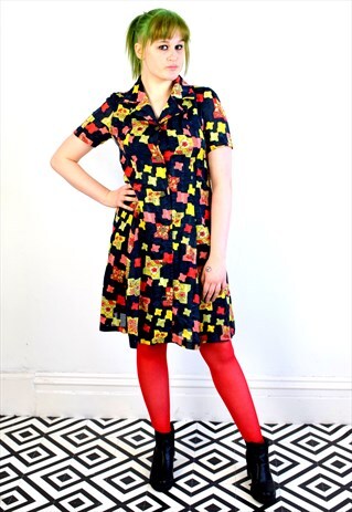 VINTAGE 60'S DARK BLUE ABSTRACT / FLORAL PRINT DRESS