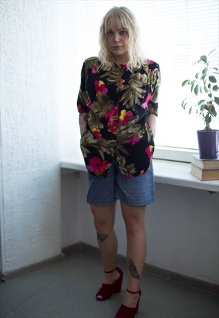 VINTAGE 80'S BLACK FLOWER PATTERNED SHIRT