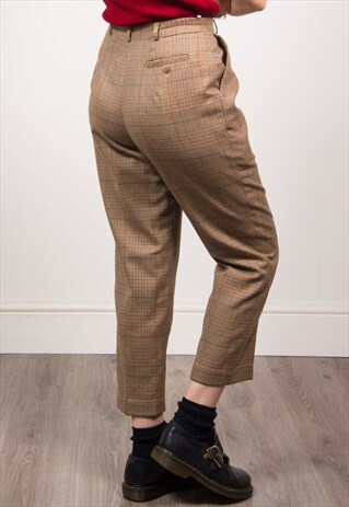 VINTAGE 90'S BROWN CHECKED SMART HIGH WAIST TROUSERS