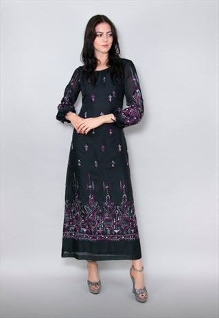 70's Vintage Annelie Couture Black Bell Sleeve Maxi Dress