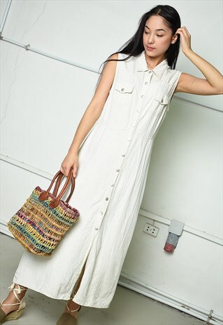 VINTAGE 90S PARIS CHIC LINEN MAXI DRESS IN BEIGE