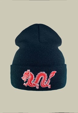Dragon Embroidery Beanie Hat in Black