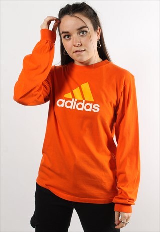 VINTAGE ADIDAS LONG SLEEVE TOP IN ORANGE W/ SPELL OUT LOGO