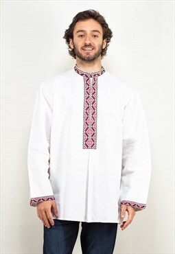 Vintage 70's Men Collarless Ethnic Shirt in White
