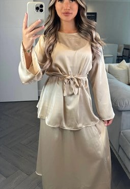 Satin Top And Maxi Skirt Co Ord (Beige)