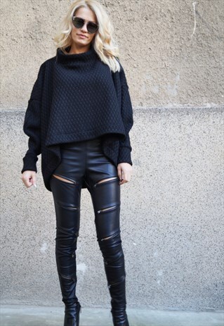 BLACK SWEATER KNITWEAR LOOSE MAXI BLOUSE PULLOVER F1645