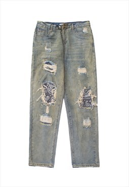 Removable patch jeans change ripped check denim pants blue