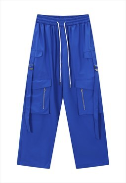 Parachute joggers cargo pocket pants rave trousers in blue
