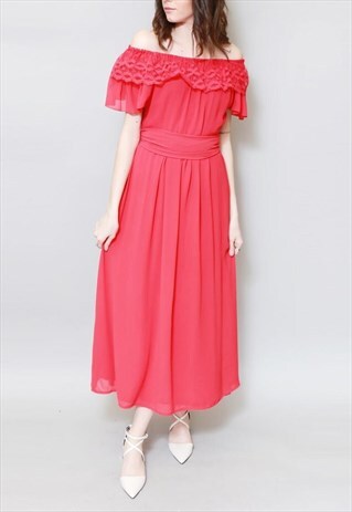 VINTAGE 1970'S PINK LACE RUFFLE MAXI DRESS