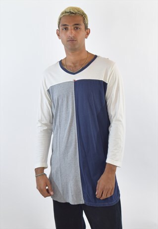 VINTAGE 90S BLUE GREY TOMMY HILFIGER LONG SLEEVE T SHIRT