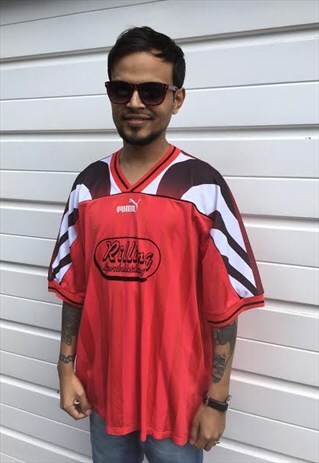 MENS VINTAGE PUMA RED WHITE FESTIVAL BASEBALL SHIRT TSHIRT