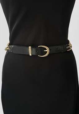 St Michael 80's Vintage Black Leather Gold Chain Link Belt