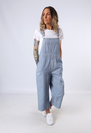 DENIM 3/4 LENGTH DUNGAREES STRIPED WIDE LEG UK 12 (DAH)