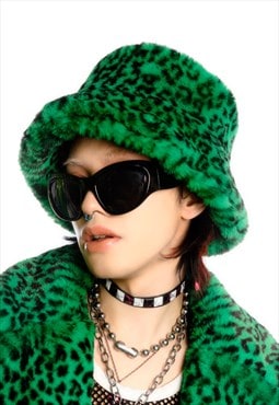 Leopard bucket hat faux fur fluffy animal hat rave cap green