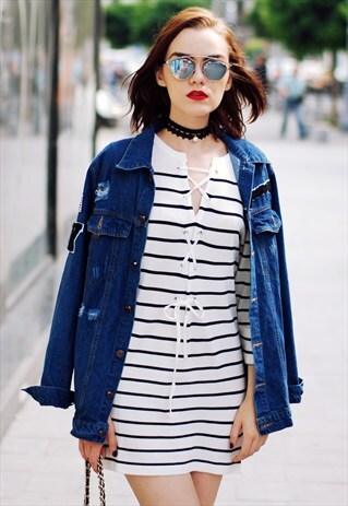 LACE-UP STRIPED KNIT DRESS