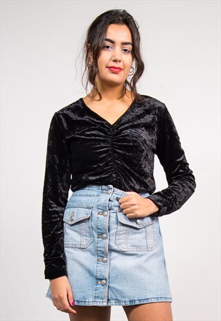 90'S VINTAGE BLACK V-NECK RUCHED VELVET TOP