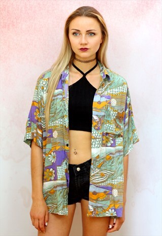 1980S VINTAGE PURPLE ORANGE FLORAL COTTON OVERSIZED SHIRT