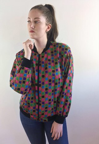 WOMENS VINTAGE 80S JACKET MULTICOLOURED PATTERNED BOMBER TOP