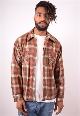 MENS VINTAGE FLANNEL SHIRT MEDIUM BROWN CHECK 90S