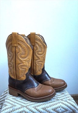 Vintage Brown Genuine Leather Cowboy Western Boots Shoes