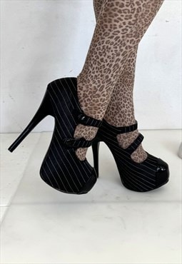 Vintage Y2K platform pinstripe pole heels in black & white