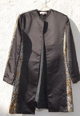 Deadstock chic black/animal print embellished satin coat